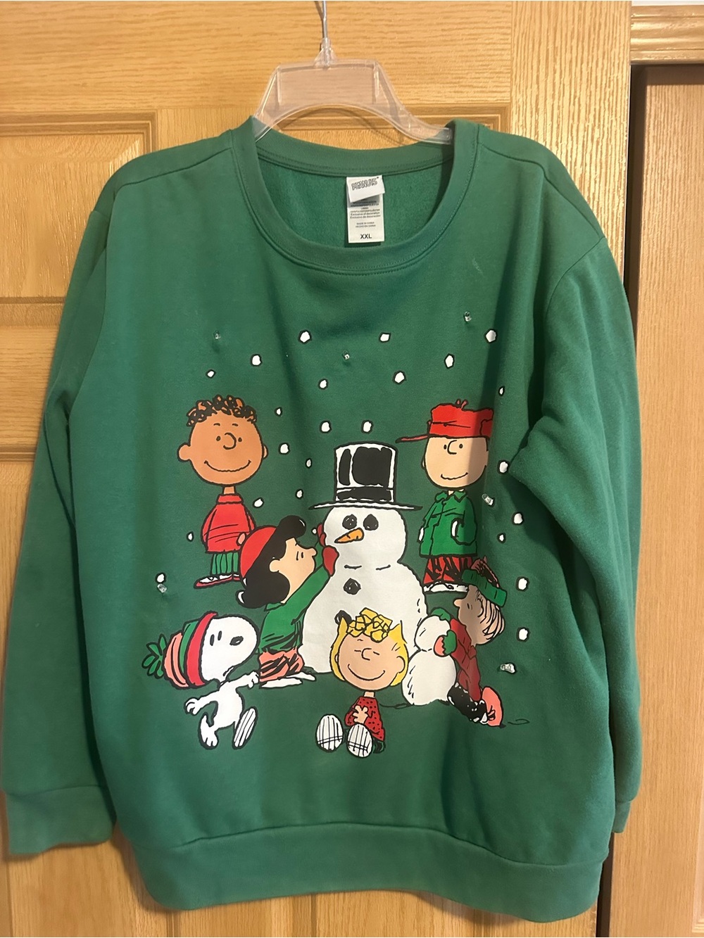 Peanuts Green Holiday Crewneck Sweatshirt with Snowman Graphic